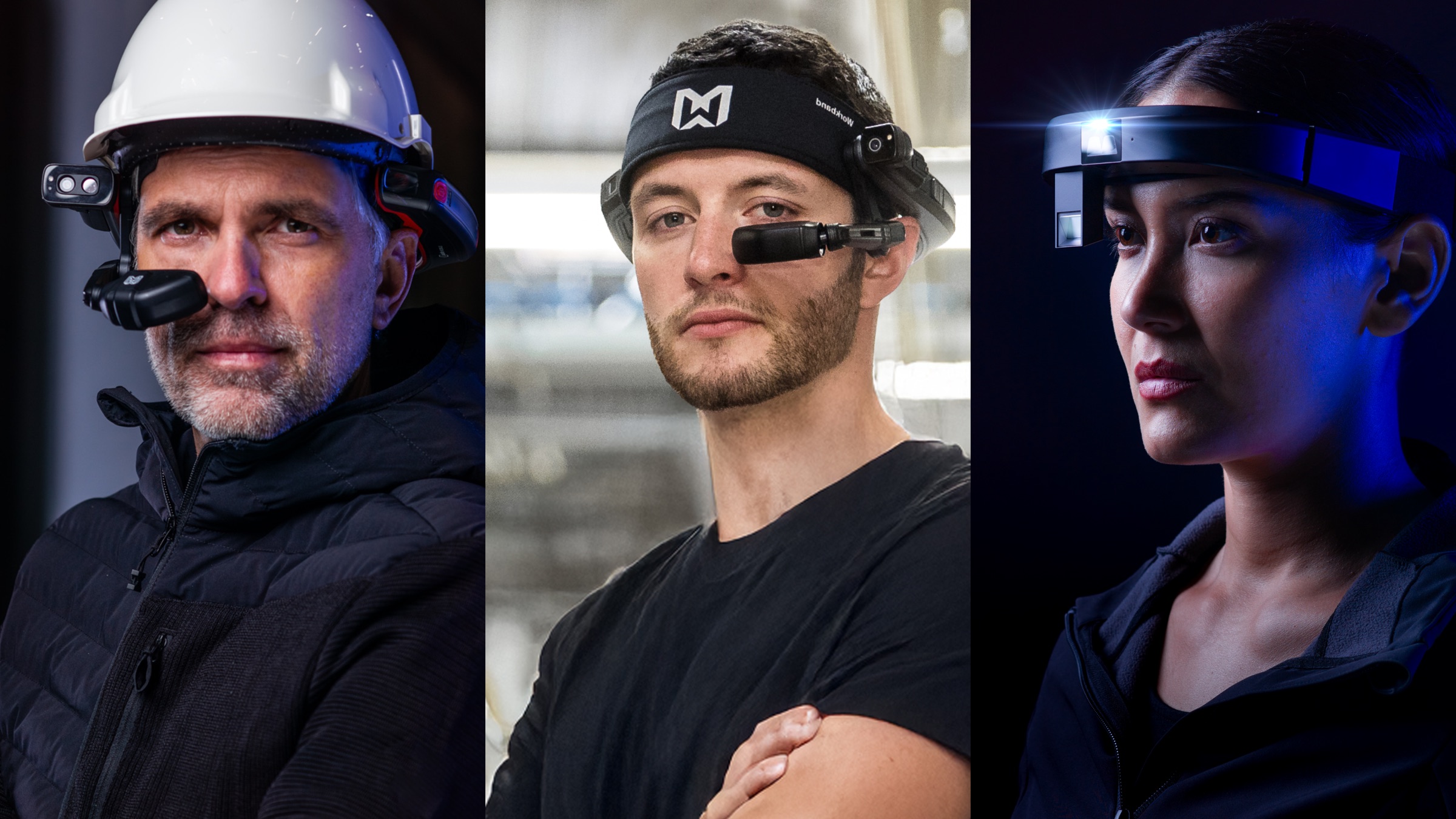 Three frontline workers wearing RealWear Navigator assisted reality headsets